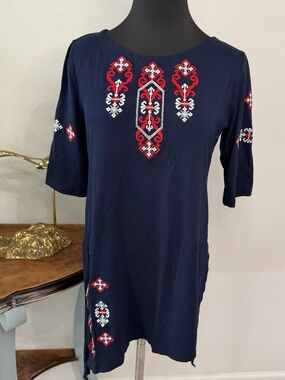 Galychanka traditional Ukrainian “Vishivanka” Dress Top Large Embroidered Navy